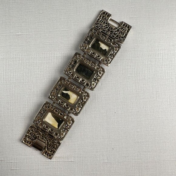 1960s Black Glazed Ceramic Filigree Panel Bracelet - Picture 5 of 10